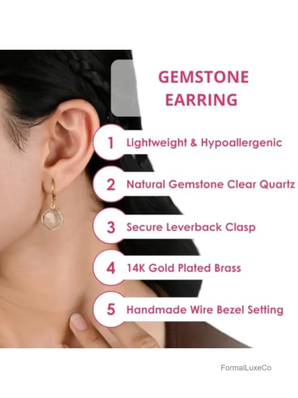 Genuine Clear Quartz Leverback Drop Earrings for Women, Gold Dangle Crystal